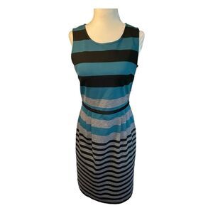 Loft Striped Shift Dress Black Gray Blue Knit Mini Sleeveless Stretch 0
